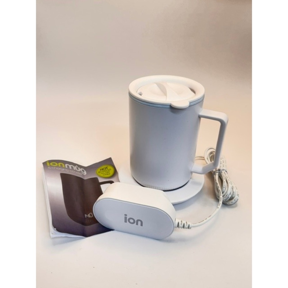 New Tzumi ION Self Heating Mug with Charging Coaster and Lid White Model 7559
